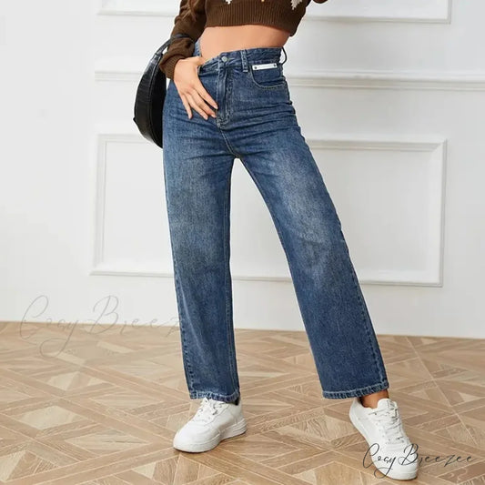 Waist Tightening Hip Straight Leg Y2K Jeans navy blue / M