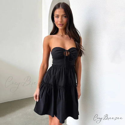 Waist Wrap A-Line Pleated Vacation Dress Black / S vacationdress-250223