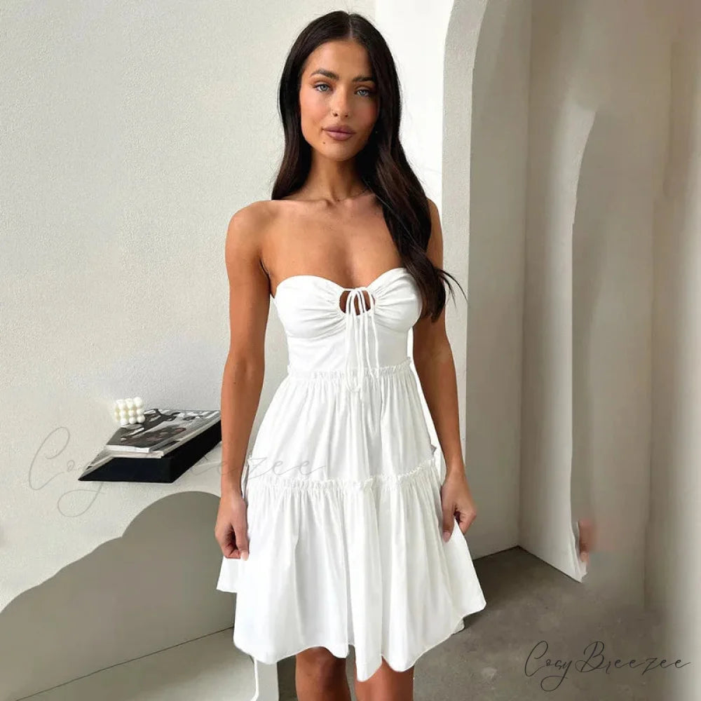Waist Wrap A-Line Pleated Vacation Dress WHITE / S vacationdress-250223