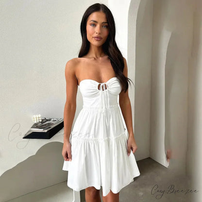Waist Wrap A-Line Pleated Vacation Dress WHITE / S vacationdress-250223