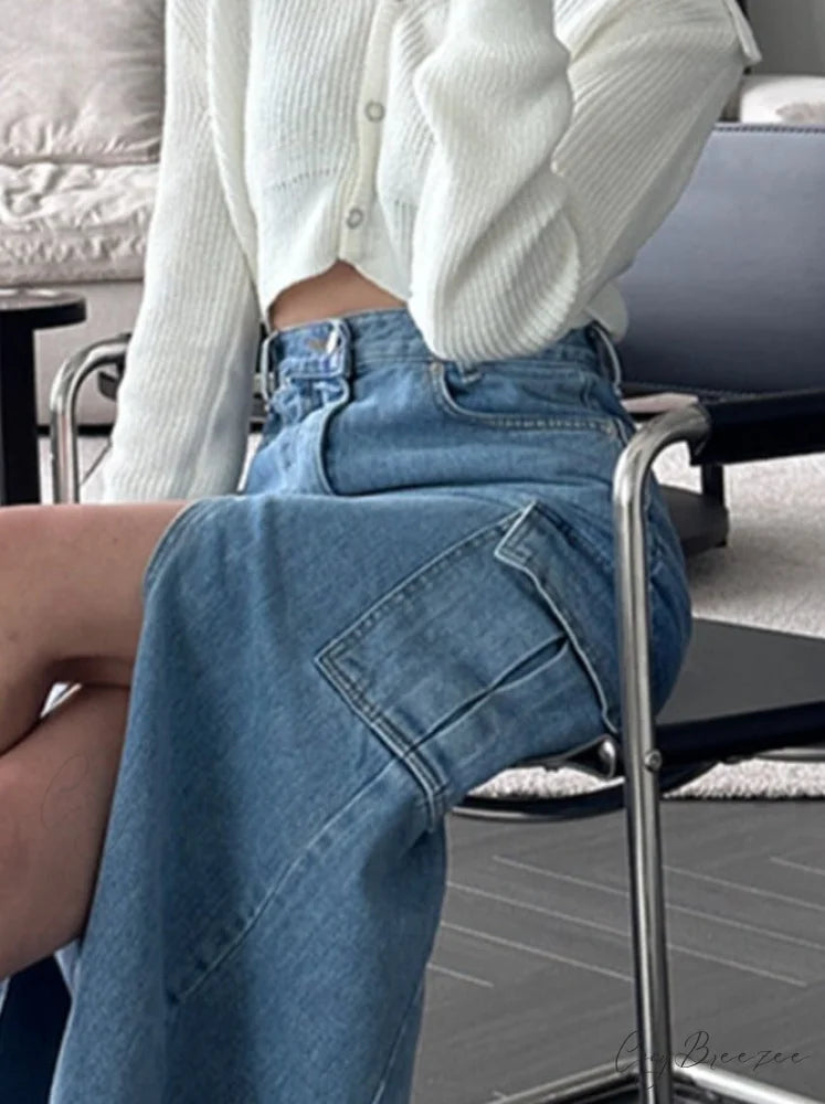 Waisted Jeans Fashion Split Side Streetwear High Skirt Pockets Y2k Women’s Vintage Casual Cargo Midi Skirt