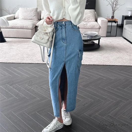 Waisted Jeans Fashion Split Side Streetwear High Skirt Pockets Y2k Women’s Vintage Casual Cargo Midi Skirt Blue / S