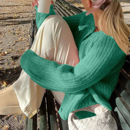 Warm Chunky Knit Long Sleeve Red Cardigan Green-1 / S