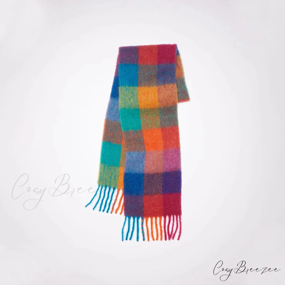 Warm Cozy Soft Thick Stylish Classic Trendy Checkered Rainbow Scarf Green