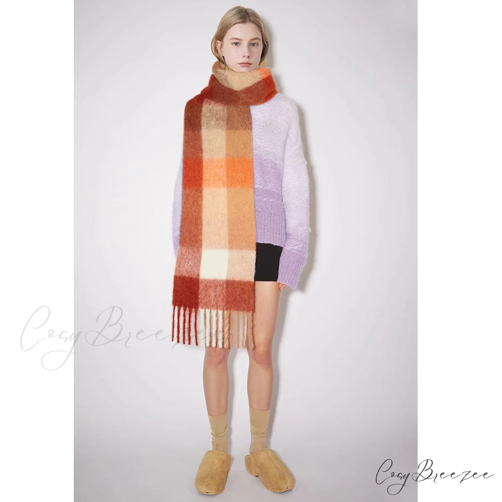 Warm Cozy Soft Thick Stylish Classic Trendy Checkered Rainbow Scarf Green