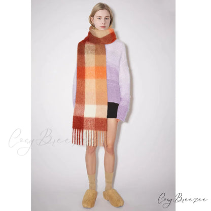 Warm Cozy Soft Thick Stylish Classic Trendy Checkered Rainbow Scarf Green