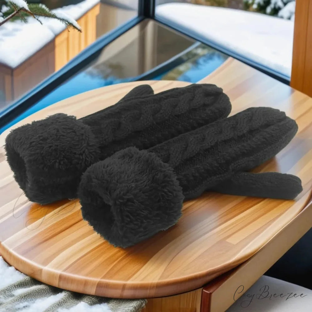 Warm Full Finger Thickened Winter Knitted Fleece Christmas Gloves for Men and Women Black