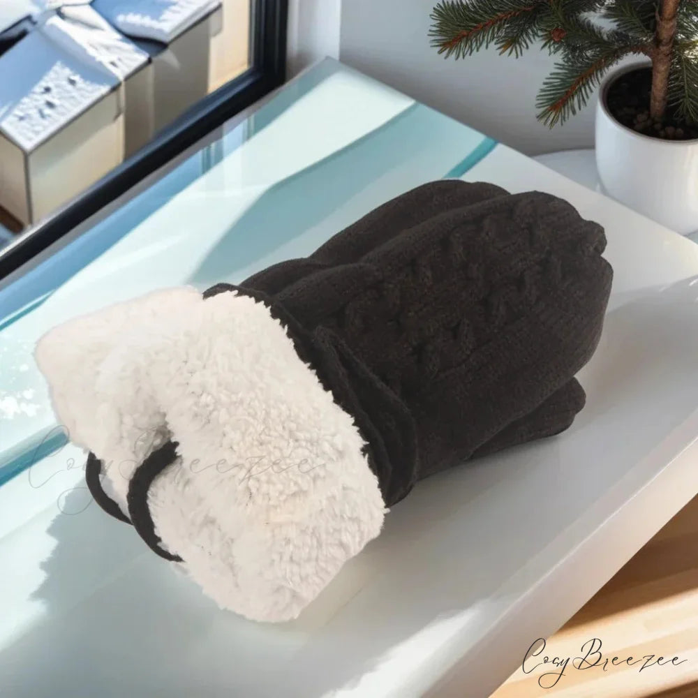 Warm Full Finger Thickened Winter Knitted Fleece Christmas Gloves for Men and Women black With rope