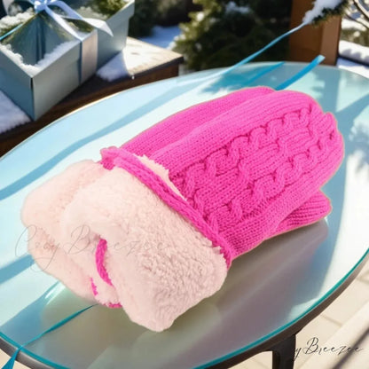 Warm Full Finger Thickened Winter Knitted Fleece Christmas Gloves for Men and Women rose red With rope