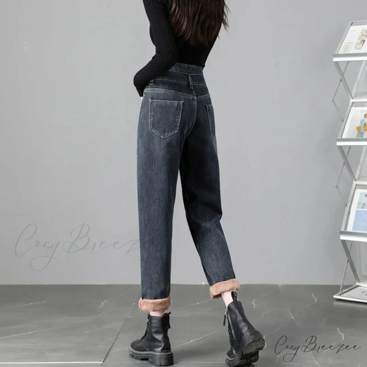 Warm Harem Thicken High Waist Vintage Loose Wide-leg Fleece Denim Jean