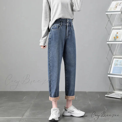 Warm Harem Thicken High Waist Vintage Loose Wide-leg Fleece Denim Jean Vintage Blue / XS