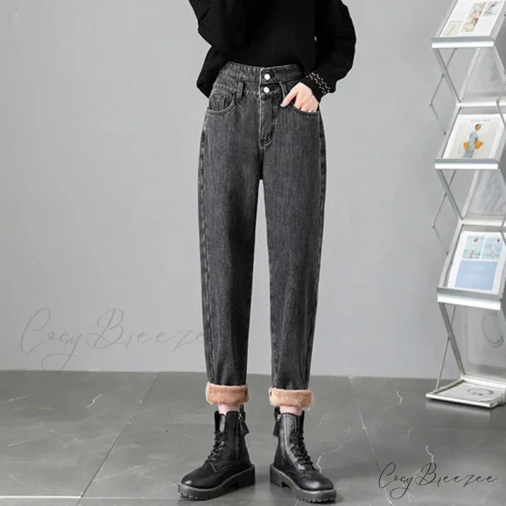 Warm Harem Thicken High Waist Vintage Loose Wide-leg Fleece Denim Jean Grey / XS