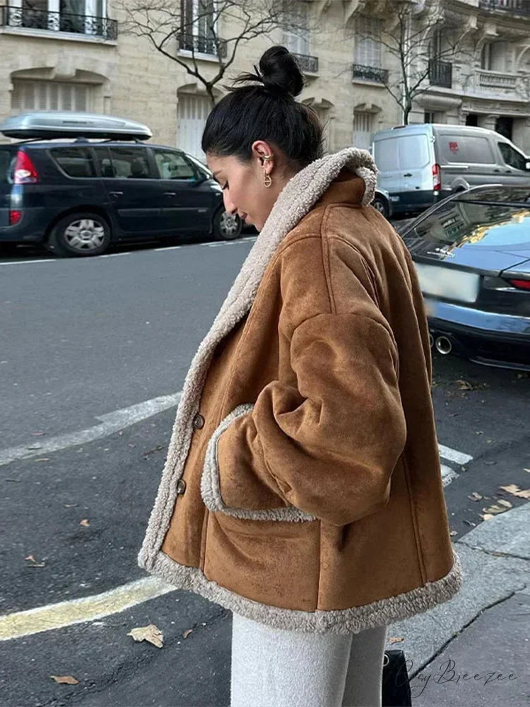 Warm Lamb Wool Casual Lapel Single-breasted Thickened Pocket Winter Stylish Coat