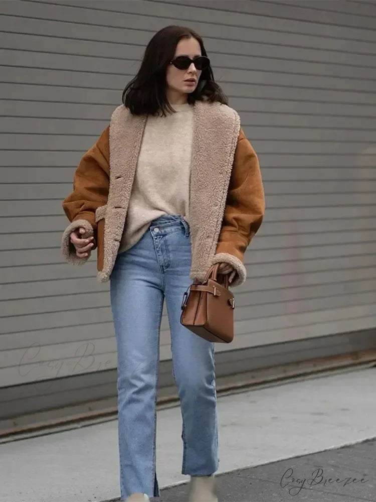 Warm Lamb Wool Casual Lapel Single-breasted Thickened Pocket Winter Stylish Coat