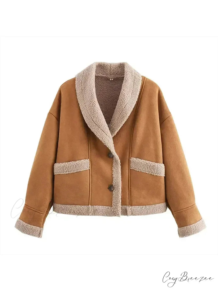 Warm Lamb Wool Casual Lapel Single-breasted Thickened Pocket Winter Stylish Coat KHAKI / S