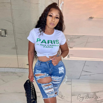 Warm-Season Arm White Letter Streetwear Blouse Design Crop Cute Casual T Women Slim O-Neck Brief Tops Fashion Crop Tees