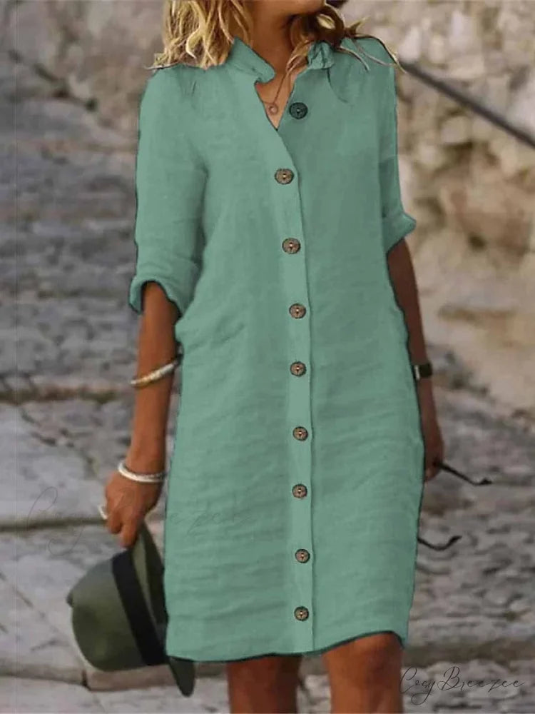 Warm-Season Black Spring Arm Fall Blouse White Gown S Half Green Women’s Gown Midi Plain Casual Cotton Regular Button