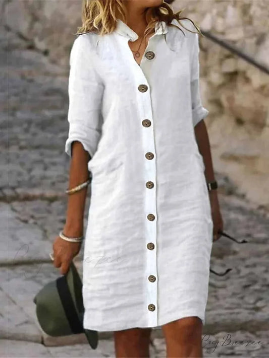 Warm-Season Black Spring Arm Fall Blouse White Gown S Half Green Women’s Gown Midi Plain Casual Cotton Regular Button