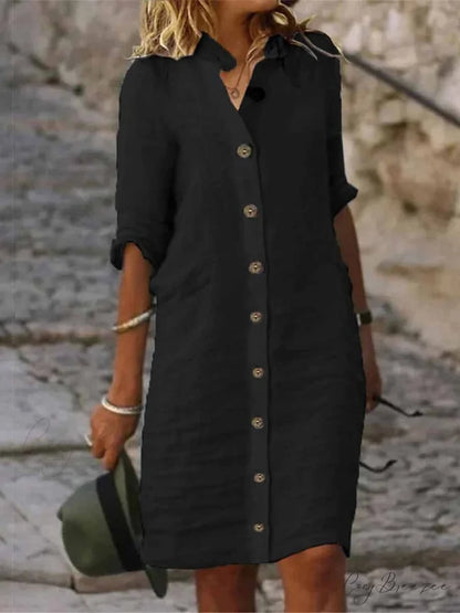 Warm-Season Black Spring Arm Fall Blouse White Gown S Half Green Women’s Gown Midi Plain Casual Cotton Regular Button
