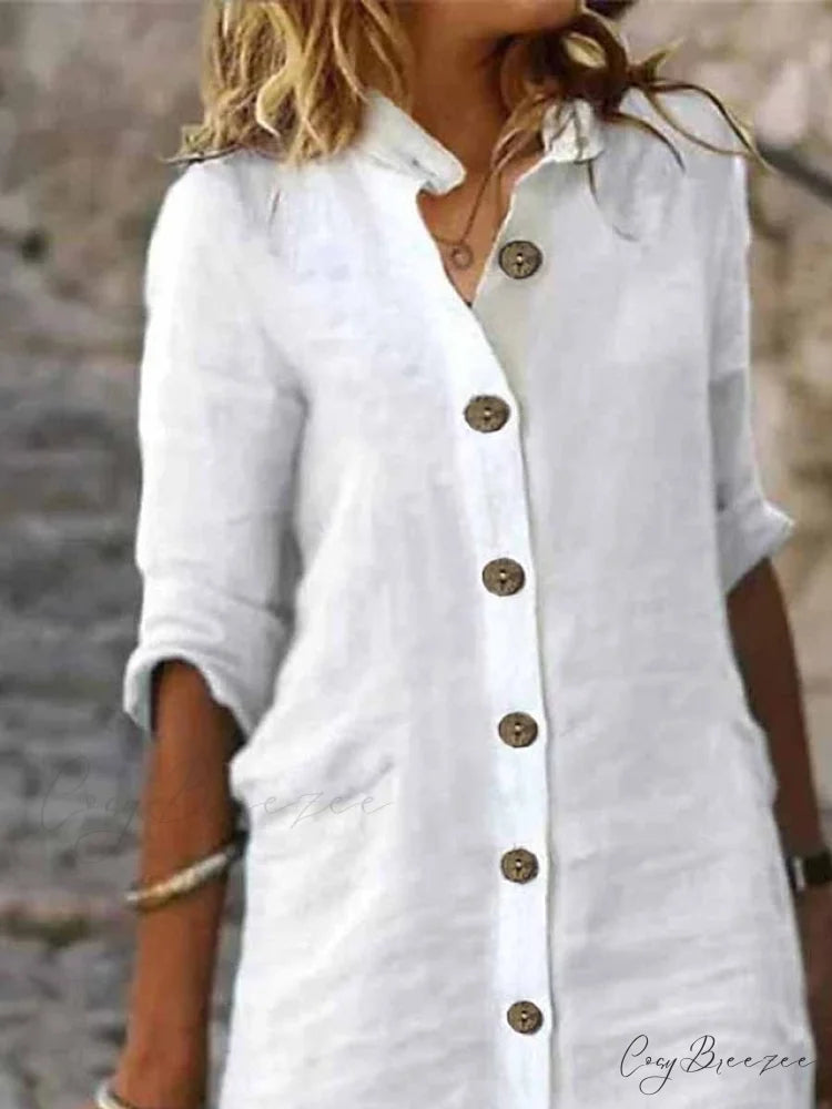 Warm-Season Black Spring Arm Fall Blouse White Gown S Half Green Women’s Gown Midi Plain Casual Cotton Regular Button
