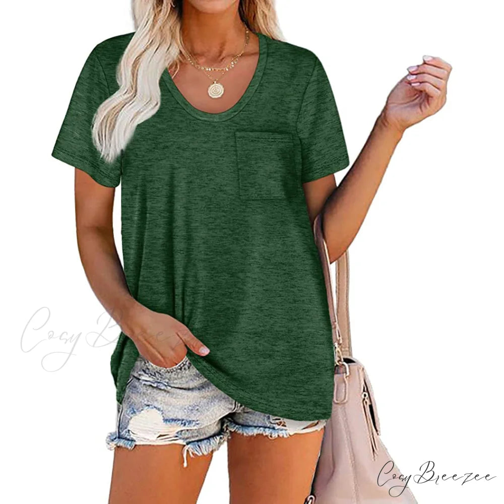 Warm-Season Crew Arm Neck Top Brief for Pocket Women Dark Green / S