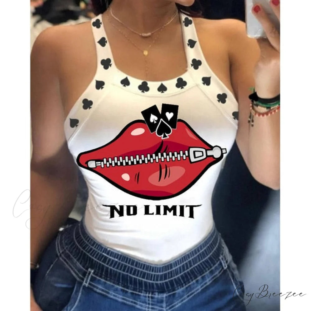 Warm-Season Harajuku U Letter Fit Blouse - Neck Design - Sleeveless Top Tank Lips Women’s Slim Tshirt
