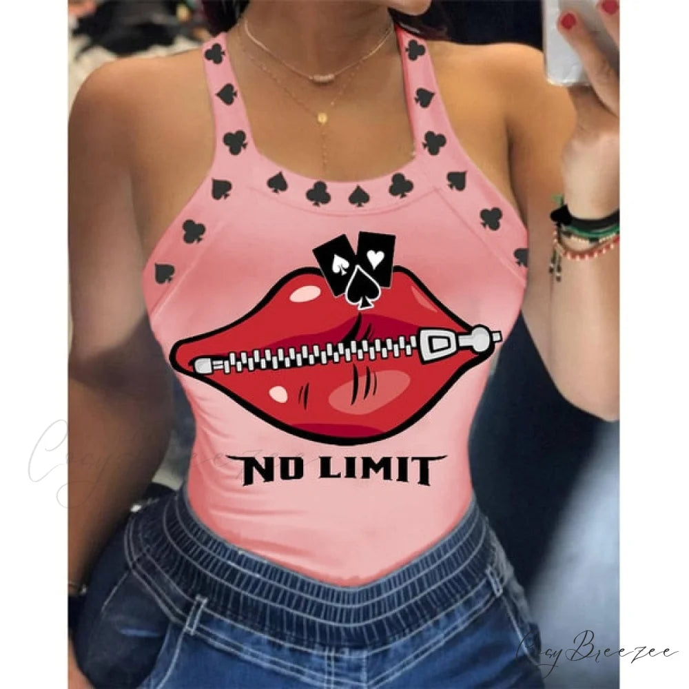 Warm-Season Harajuku U Letter Fit Blouse - Neck Design - Sleeveless Top Tank Lips Women’s Slim Tshirt