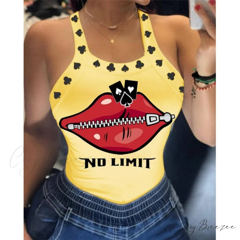 Warm-Season Harajuku U Letter Fit Blouse - Neck Design - Sleeveless Top Tank Lips Women’s Slim Tshirt