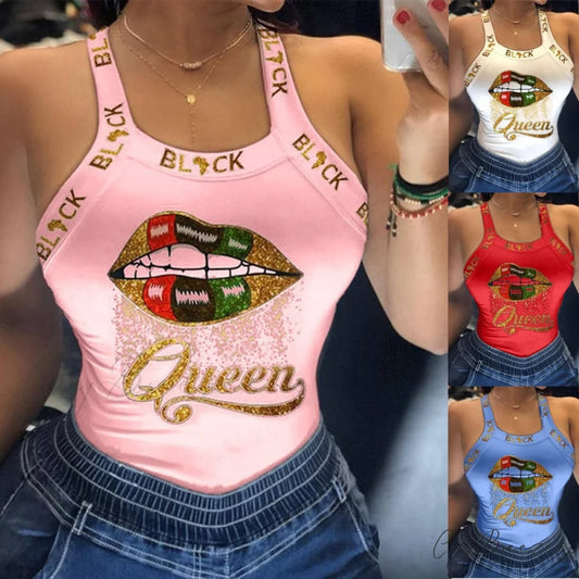 Warm-Season Harajuku U Letter Fit Blouse - Neck Design - Sleeveless Top Tank Lips Women’s Slim Tshirt