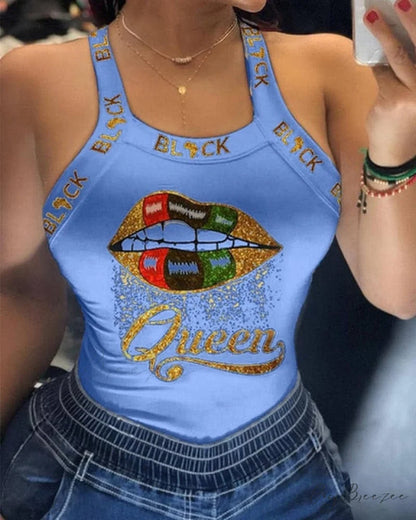 Warm-Season Harajuku U Letter Fit Blouse - Neck Design - Sleeveless Top Tank Lips Women’s Slim Tshirt D6H283BL / S