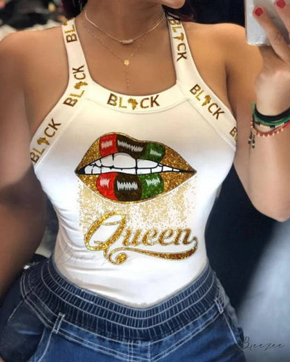 Warm-Season Harajuku U Letter Fit Blouse - Neck Design - Sleeveless Top Tank Lips Women’s Slim Tshirt D6H283BS / S