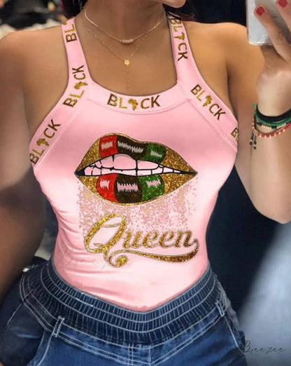 Warm-Season Harajuku U Letter Fit Blouse - Neck Design - Sleeveless Top Tank Lips Women’s Slim Tshirt D6H283FS / S