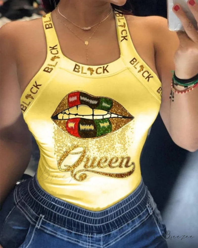 Warm-Season Harajuku U Letter Fit Blouse - Neck Design - Sleeveless Top Tank Lips Women’s Slim Tshirt D6H283YL / S