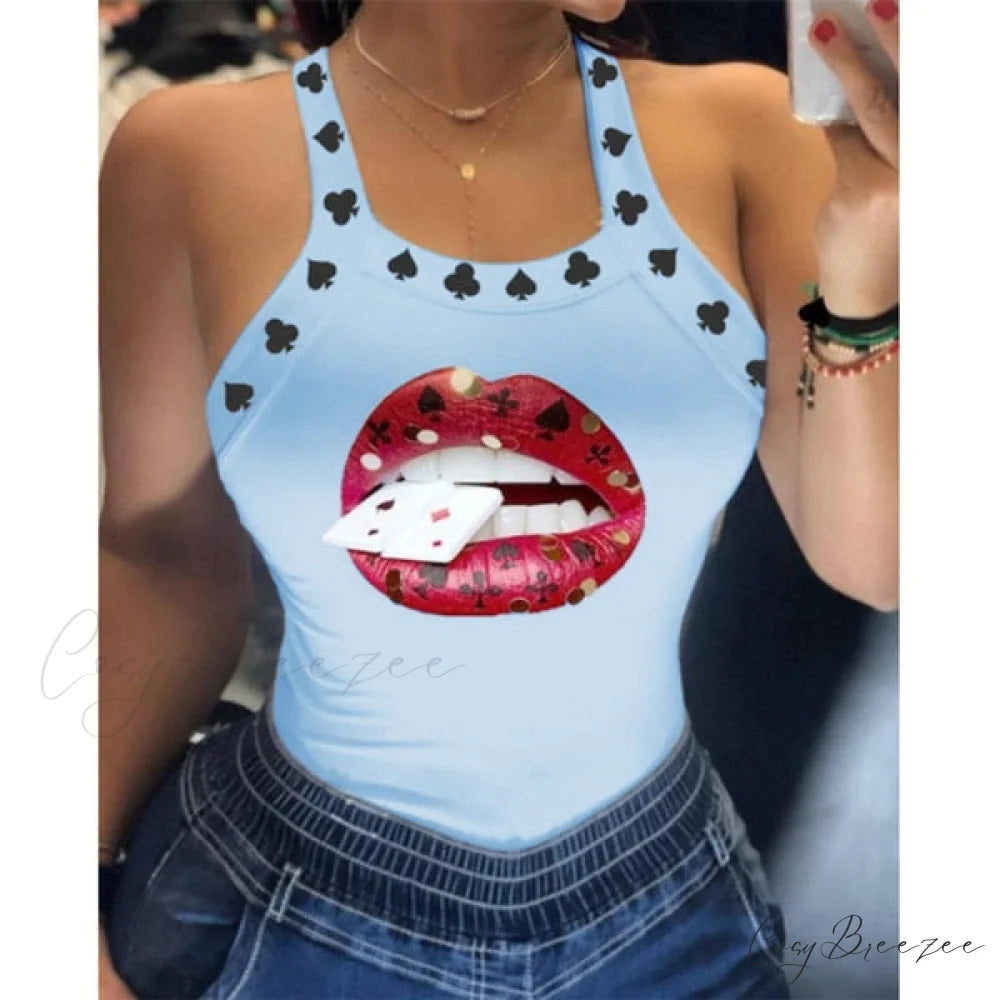 Warm-Season Harajuku U Letter Fit Blouse - Neck Design - Sleeveless Top Tank Lips Women’s Slim Tshirt D6H284BL / S