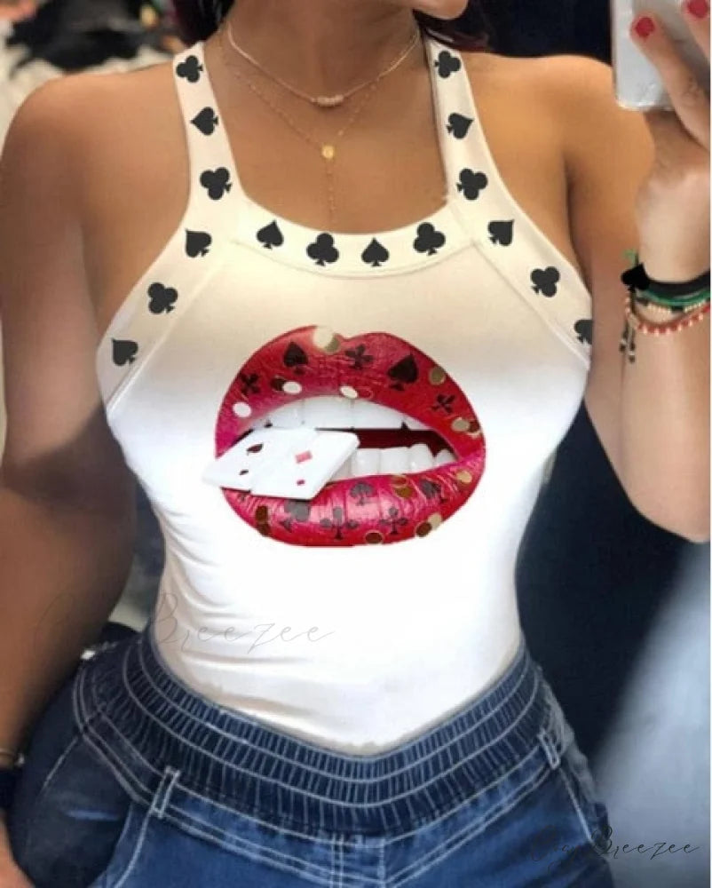 Warm-Season Harajuku U Letter Fit Blouse - Neck Design - Sleeveless Top Tank Lips Women’s Slim Tshirt D6H284BS / S