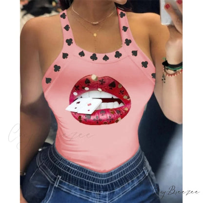 Warm-Season Harajuku U Letter Fit Blouse - Neck Design - Sleeveless Top Tank Lips Women’s Slim Tshirt D6H284FS / S