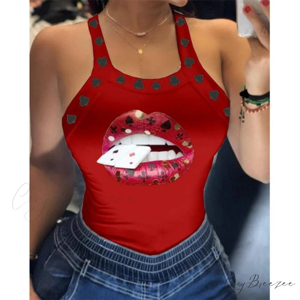 Warm-Season Harajuku U Letter Fit Blouse - Neck Design - Sleeveless Top Tank Lips Women’s Slim Tshirt D6H284RD / S
