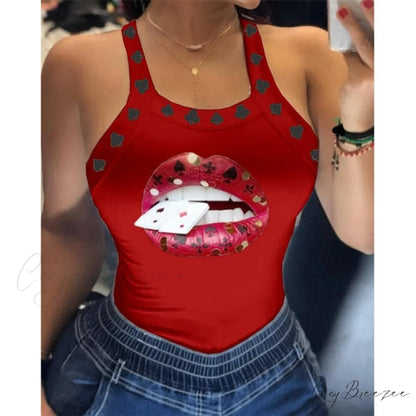 Warm-Season Harajuku U Letter Fit Blouse - Neck Design - Sleeveless Top Tank Lips Women’s Slim Tshirt D6H284RD / S