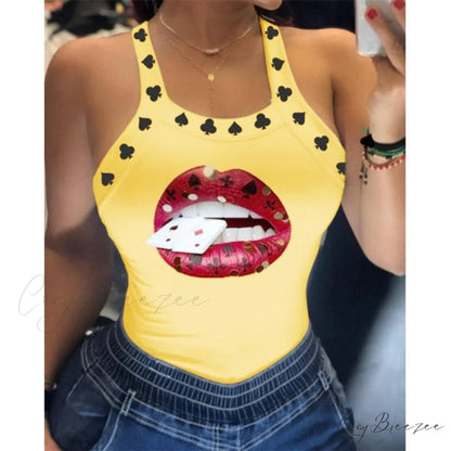 Warm-Season Harajuku U Letter Fit Blouse - Neck Design - Sleeveless Top Tank Lips Women’s Slim Tshirt D6H284YL / S