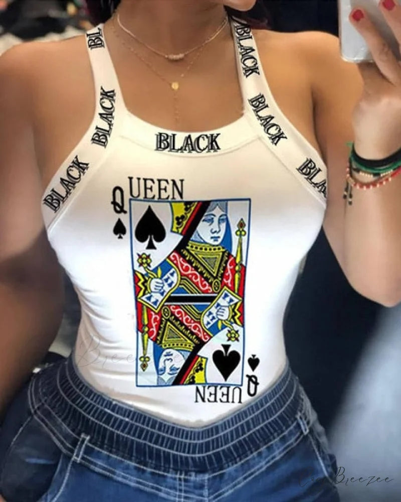 Warm-Season Harajuku U Letter Fit Blouse - Neck Design - Sleeveless Top Tank Lips Women’s Slim Tshirt D8H358BS / S