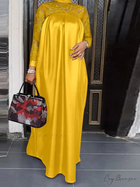 Warm-Season Long Gown Women’s Party and with Full-Length Gown Kaftan Lace Patchwork Long Neck Sleeves Bohemian Mock