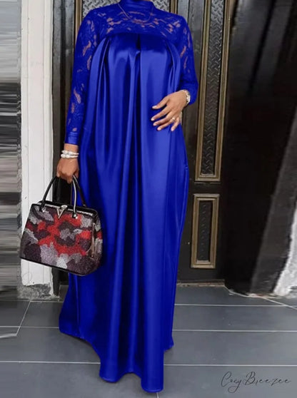 Warm-Season Long Gown Women’s Party and with Full-Length Gown Kaftan Lace Patchwork Long Neck Sleeves Bohemian Mock