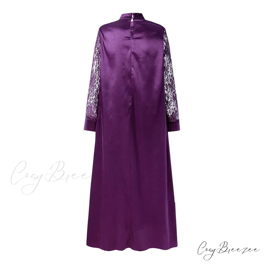 Warm-Season Long Gown Women’s Party and with Full-Length Gown Kaftan Lace Patchwork Long Neck Sleeves Bohemian Mock