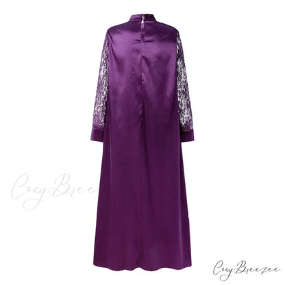 Warm-Season Long Gown Women’s Party and with Full-Length Gown Kaftan Lace Patchwork Long Neck Sleeves Bohemian Mock