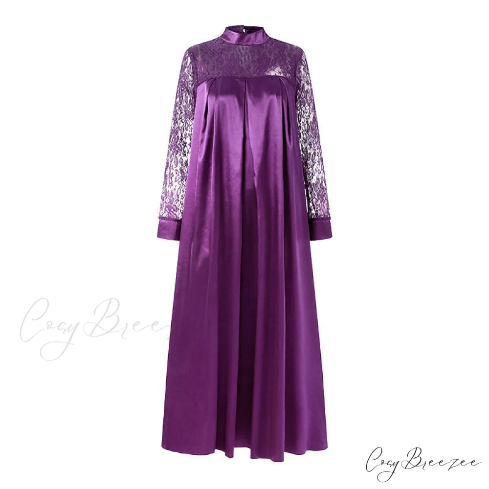 Warm-Season Long Gown Women’s Party and with Full-Length Gown Kaftan Lace Patchwork Long Neck Sleeves Bohemian Mock