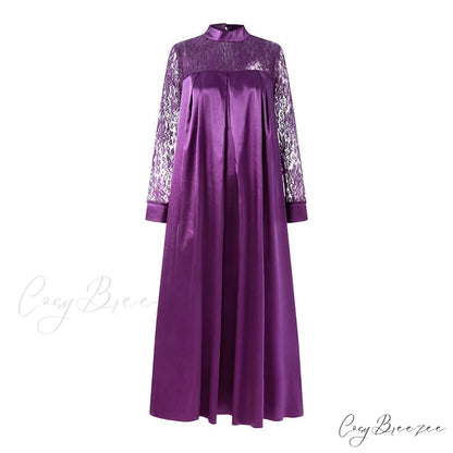 Warm-Season Long Gown Women’s Party and with Full-Length Gown Kaftan Lace Patchwork Long Neck Sleeves Bohemian Mock