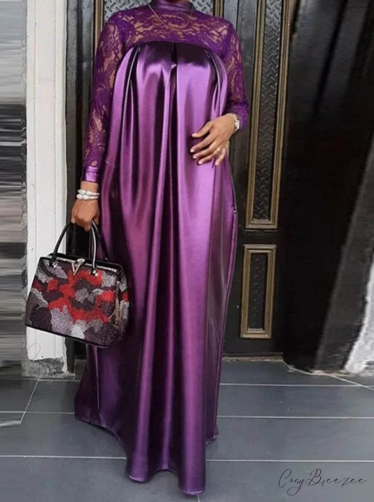 Warm-Season Long Gown Women’s Party and with Full-Length Gown Kaftan Lace Patchwork Long Neck Sleeves Bohemian Mock