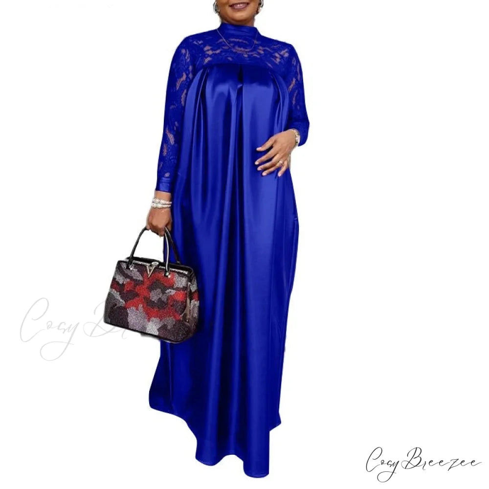 Warm-Season Long Gown Women’s Party and with Full-Length Gown Kaftan Lace Patchwork Long Neck Sleeves Bohemian Mock