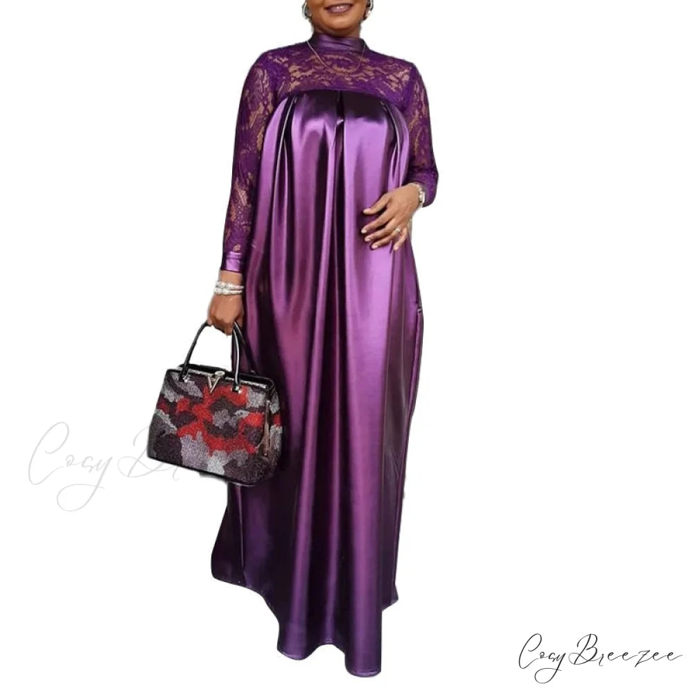 Warm-Season Long Gown Women’s Party and with Full-Length Gown Kaftan Lace Patchwork Long Neck Sleeves Bohemian Mock