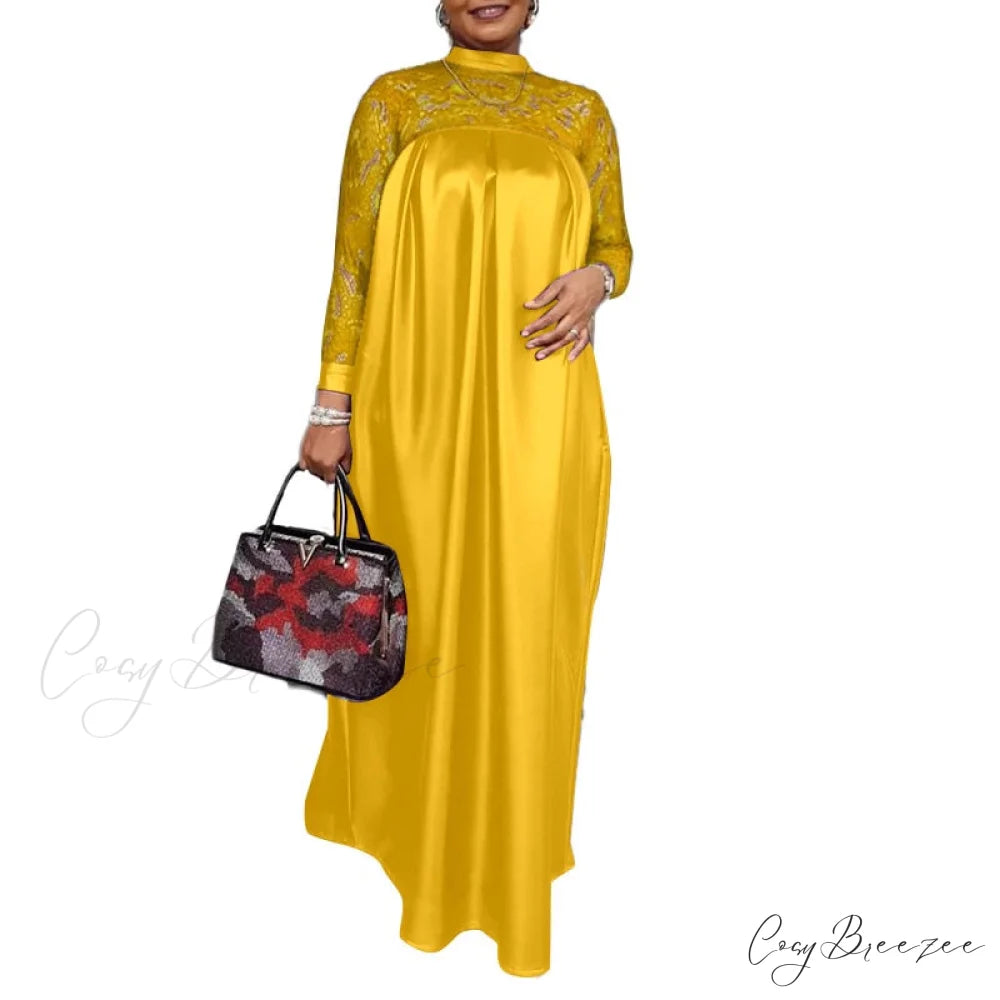 Warm-Season Long Gown Women’s Party and with Full-Length Gown Kaftan Lace Patchwork Long Neck Sleeves Bohemian Mock